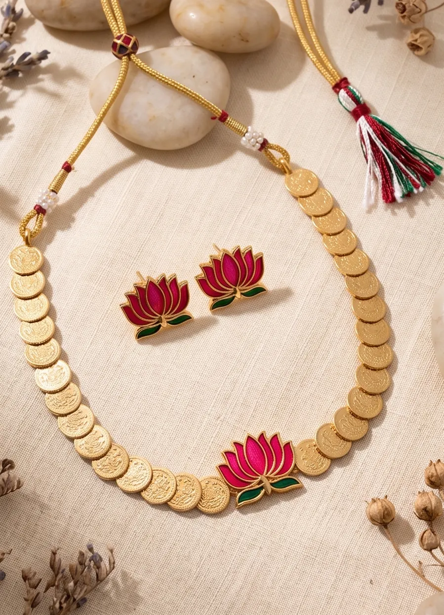 Pink Lotus Meenakari Coin Necklace Set